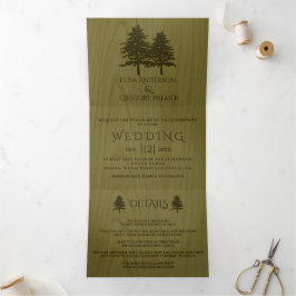 Invitación Tríptica árboles de coníferas Grabado en relieve, boda rúst