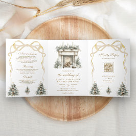 Invitación Tríptica Arco de chimenea de Navidad Ivory Gold Código QR B