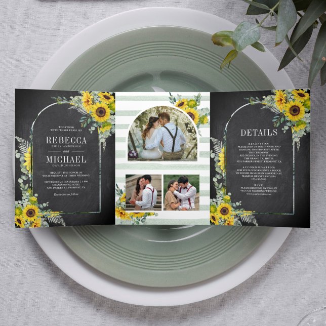 Invitación Tríptica Arco de Eucalipto con Girasoles Pizarra Boda (Subido por el creador)