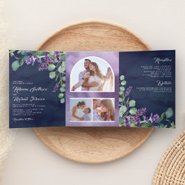 Invitación Tríptica Arco de fotos de eucalipto lavanda boda azul marin