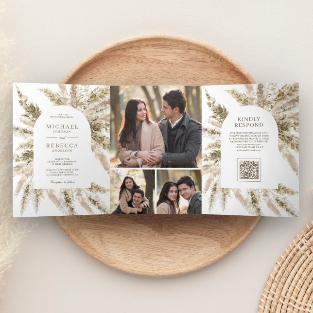 Invitación Tríptica Arco de hierba seca Boho Pampas Código QR Foto Bod (Subido por el creador)