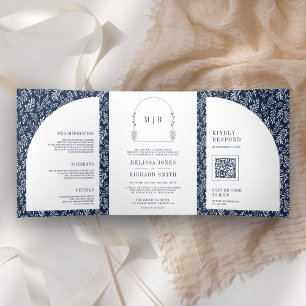 Invitación Tríptica Arco de Hoja de Arte de Línea Mínima Azul Marino B