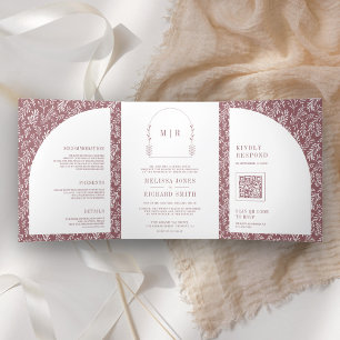 Invitación Tríptica Arco de Hoja de Arte de Línea Mínima Boda Rosa Pol