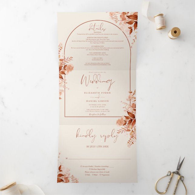 Invitación Tríptica Arco de Terracota Rústica Foto Boda Otoño (Interior)