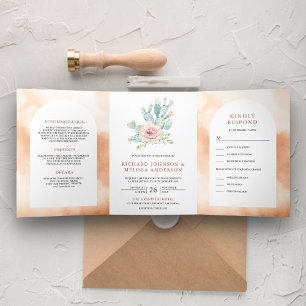 Invitación Tríptica Arco de Terracota Suave Floral Desierto Cactus Bod