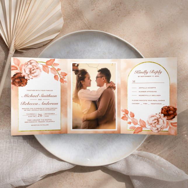 Invitación Tríptica Arco floral rústico Earthy Boho en un solo Boda (Subido por el creador)