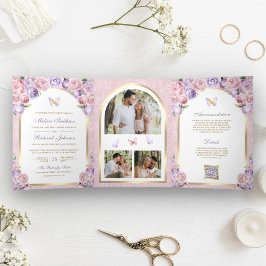 Invitación Tríptica Arco Mariposa Bodas Floral Rosa Lavanda Dorado