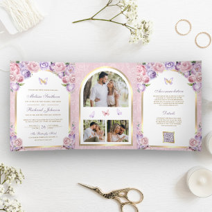 Invitación Tríptica Arco Mariposa Bodas Floral Rosa Lavanda Dorado