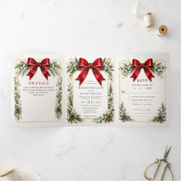 Invitación Tríptica Arco Rojo Botánico Floral Invierno Navidad Boda
