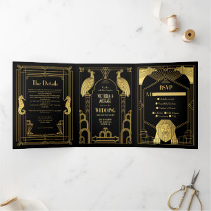 Invitación Tríptica Art Deco Peacock Lion Seahorse Elephant Boda