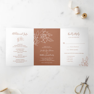 Invitación Tríptica Arte de línea de terracota floral elegante boda