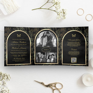 Invitación Tríptica Arte de Línea Negra Mariposa Arco Dorado Boda