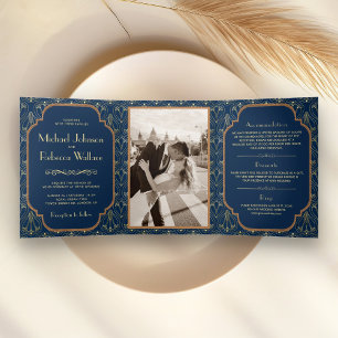 Invitación Tríptica Arte Deco de Boda Azul Marino Vintage Gran Gatsby