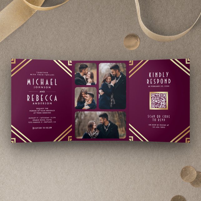 Invitación Tríptica Arte Deco Geométrico Código QR Bodas Oro Ciruela (Subido por el creador)