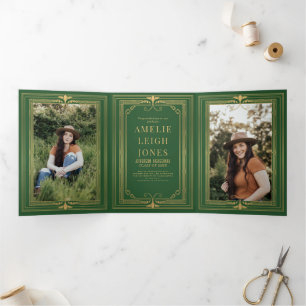 Invitación Tríptica Arte Deco Moderno Verde de Graduación Fotográfica