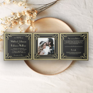 Invitación Tríptica Arte Deco Retro Vintage Foto Boda
