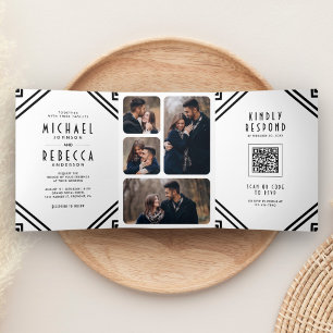 Invitación Tríptica Arte geométrico Art Deco Boda Código QR Blanco y N