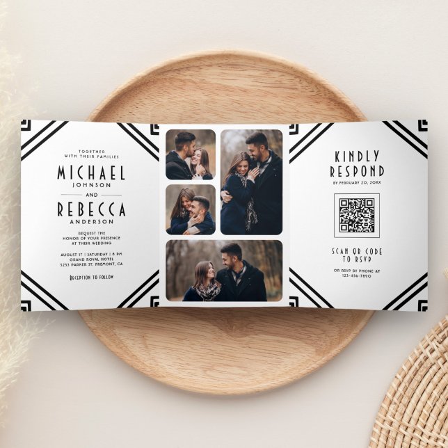 Invitación Tríptica Arte geométrico Art Deco Boda Código QR Blanco y N (Subido por el creador)