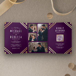 Invitación Tríptica Arte Geométrico Art Déco Código QR Bodas Púrpura D