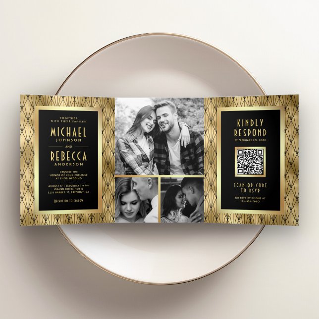 Invitación Tríptica Arte Geométrico Deco Negro Código QR Boda Dorada (Subido por el creador)