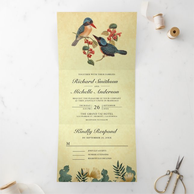 Invitación Tríptica Aves románticas rusticas vintage Boda de pareja (Interior)