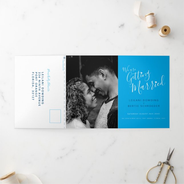 Invitación Tríptica Azul blanco boda todo en uno Tri-Fol (Exterior)