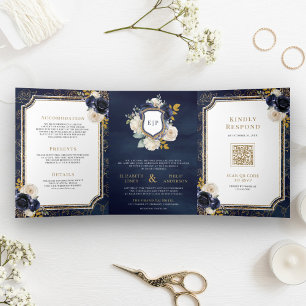 Invitación Tríptica Azul Marino Flor de Oro Todo en Uno Cresta de Boda