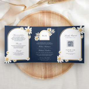 Invitación Tríptica Azul Marino Retro Amarillo Daisy Vestido de Novia