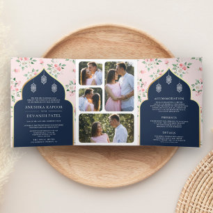 Invitación Tríptica Azul Marino Rosa Floral Enterizo para Bodas Indias