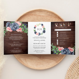 Invitación Tríptica Azul marino y Boda de madera de pino floral rosa R