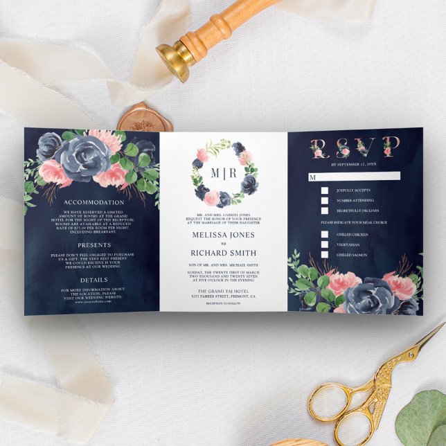 Invitación Tríptica Azul marino y floral rosa Rubor todo en un Boda (Subido por el creador)