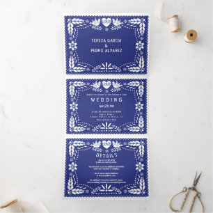Invitación Tríptica azul oscuro papel picado pájaros amorosos boda