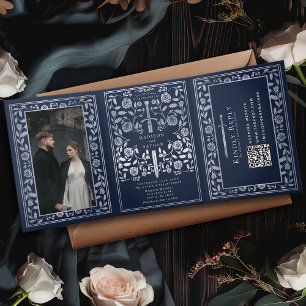 Invitación Tríptica Azul Plata Real Boda de Espada Medieval Código QR