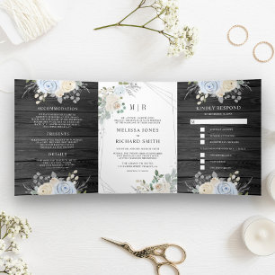 Invitación Tríptica Azul Polvoriento Marfil Floral Todo en Uno Madera 