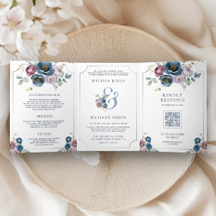 Invitación Tríptica Azul polvoriento Mauve Púrpura Floral Ampersand Bo