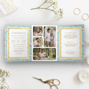 Invitación Tríptica Azul Rosa Floral Enterizo Dorado Boda India