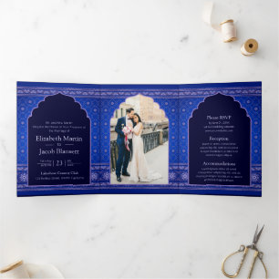 Invitación Tríptica Azul y deslizante estilo Bollywood Boda indio