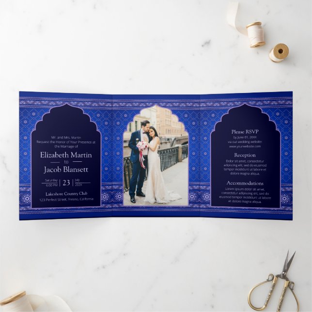 Invitación Tríptica Azul y deslizante estilo Bollywood Boda indio (Interior)
