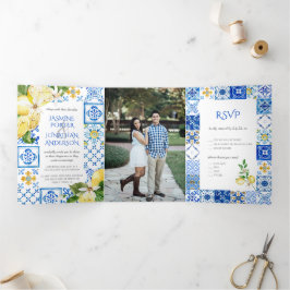 Invitación Tríptica Azulejos azules mediterráneos / Boda de lémones am