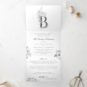 Invitación Tríptica 'B' Monograma Hermoso Boda floral esbozado