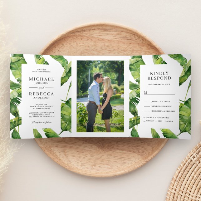 Invitación Tríptica Banana verde y blanca deja Boda tropical (Subido por el creador)
