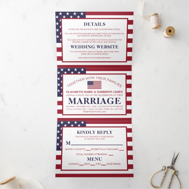 Invitación Tríptica Bandera americana, suite Boda de los Estados Unido (Interior)