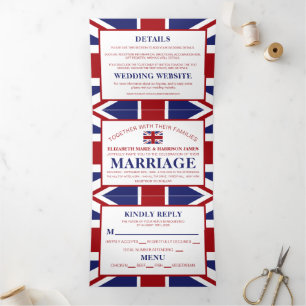 Invitación Tríptica Bandera Union Jack, Suite británica Boda