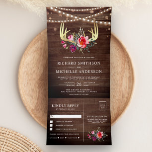 Invitación Tríptica Barn Wood String Luces Floral Gold Antler Boda