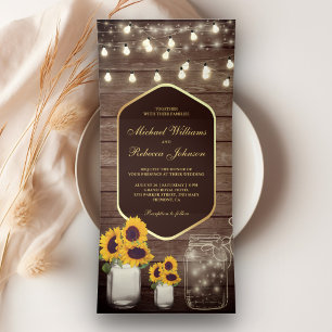 Invitación Tríptica Barn Wood Sunflower Mason Jar String Light Boda