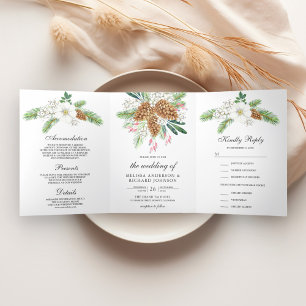 Invitación Tríptica Bayas Blancas Piñas 3 en 1 Boda de Navidad 