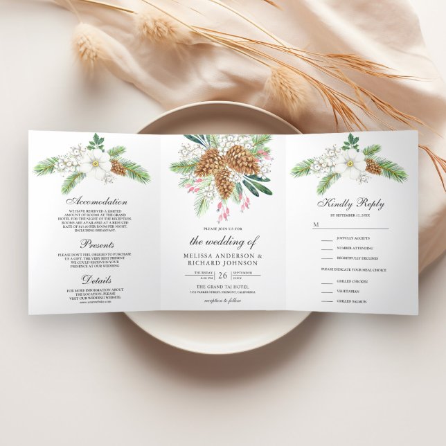 Invitación Tríptica Bayas Blancas Piñas 3 en 1 Boda de Navidad  (Subido por el creador)