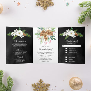Invitación Tríptica Bayas Blancas Piñas Negras Navidad Boda