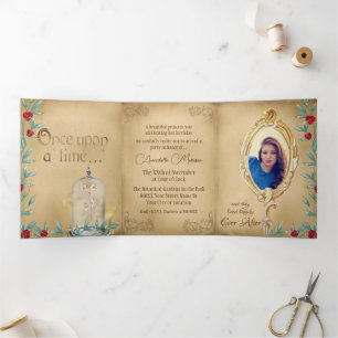 Invitación Tríptica Beauty y la Beast Fairytale Vintage Storybook