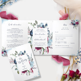Invitación Tríptica Berry Burgundy Blue All in One Boda con RSVP T